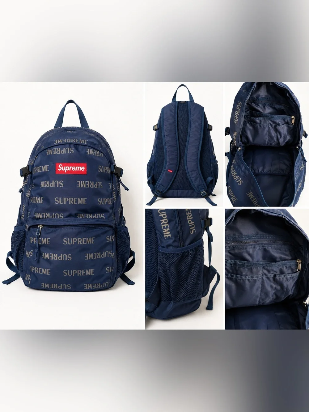 Supreme Navy All-Over Logo Backpack with Red Patch